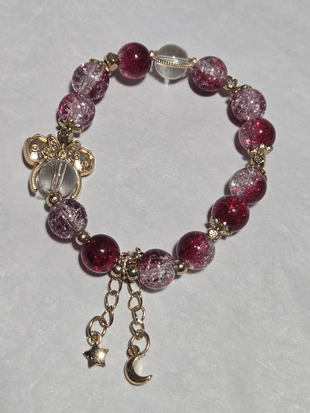 10mm- Pink Red Glass Bead Charm Bracelet with Gold Accents
